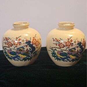 Vtg 1970S Satsuma Japan Hand-Painted Mini Bud Vases Pair  Floral & Bird Design